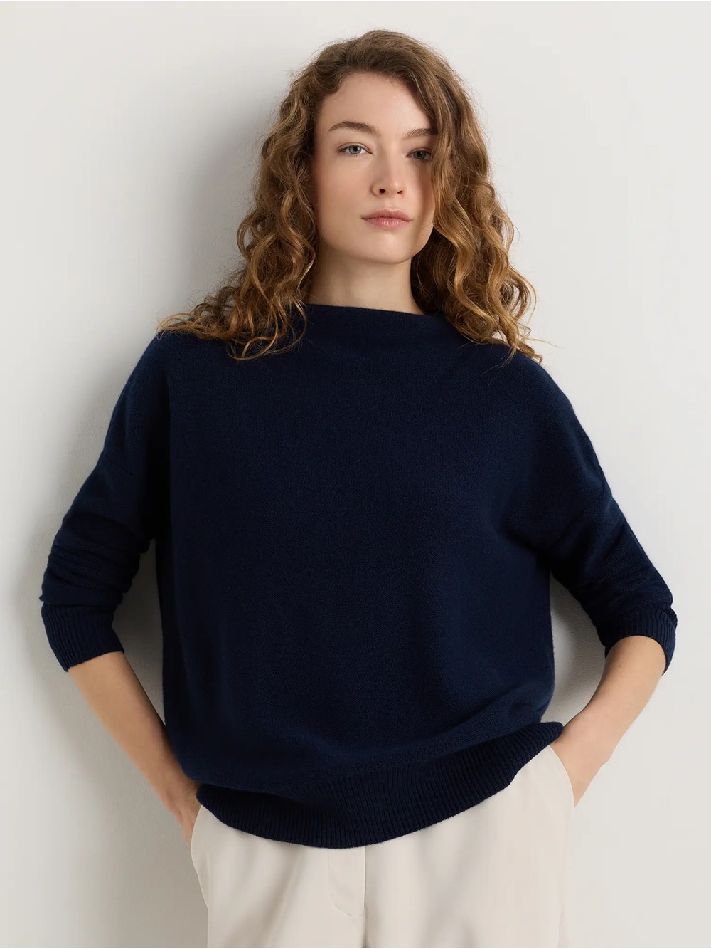 Quince Mongolian Cashmere Funnel Neck Sweater, True Navy, M